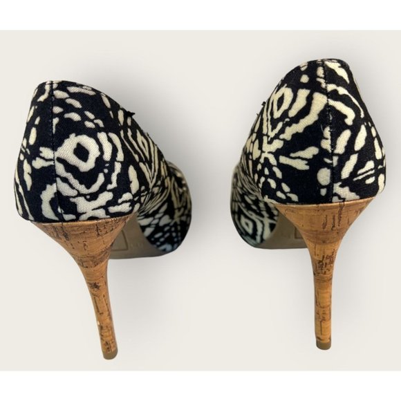 Christian Siriano Womens Size 8.5 Black and Cream Print, Cork Heels, Peep Toe - Picture 5 of 14